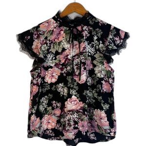 Lily White Black Floral Lace Ribbon Fairy Core Whimsical Dreamy Blouse Size MD